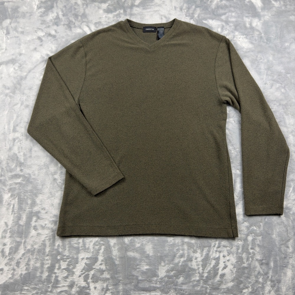 Claiborne Mens Large V-Neck Long Sleeve Shirt Olive Green Textured Knit Pullover